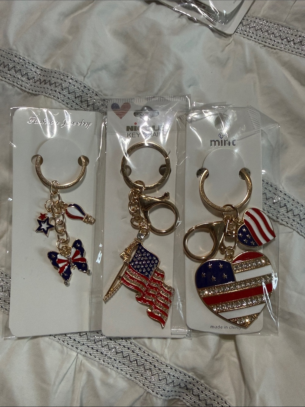 Patriotic Heart & Flag Keychain or Bag Charm 3 Piece Set